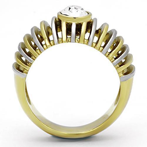 TK1095 Two-Tone IP Gold Stainless Steel Ring featuring a clear top-grade crystal, showcasing its elegant design and durable material.