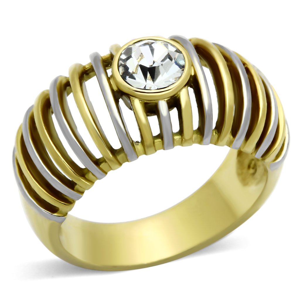 TK1095 Two-Tone IP Gold Stainless Steel Ring featuring a clear top-grade crystal, showcasing its elegant design and durable material.