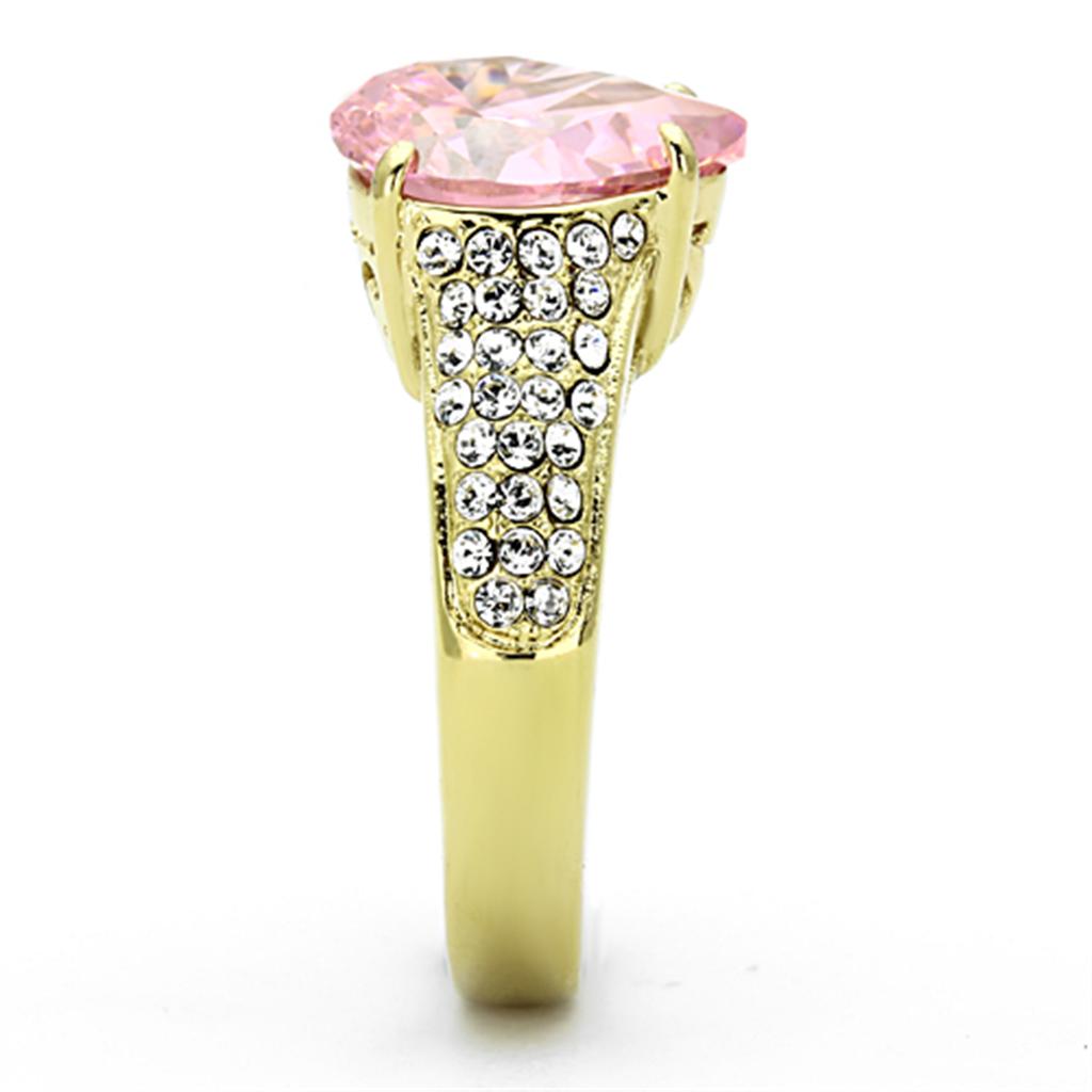 TK1098 IP Gold Stainless Steel Ring featuring a rose AAA Grade CZ center stone, showcasing its elegant design and luxurious finish.