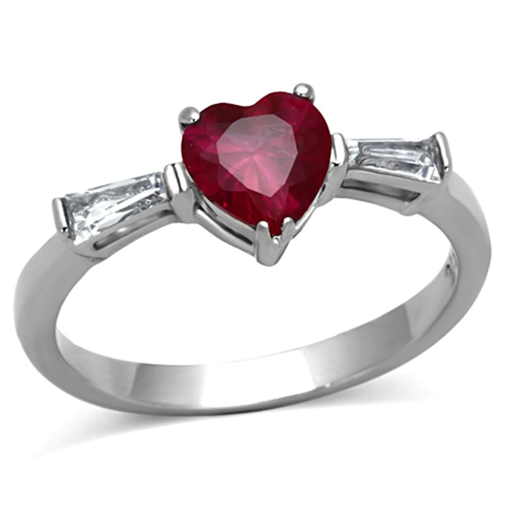 TK1221 High Polished Stainless Steel Ring featuring a AAA Grade Ruby CZ stone, showcasing its elegant design and shiny finish.