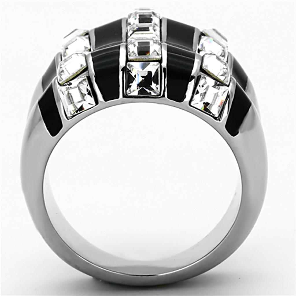 TK1213 High Polished Stainless Steel Ring featuring a clear top-grade crystal centerpiece, showcasing a sleek and modern design.