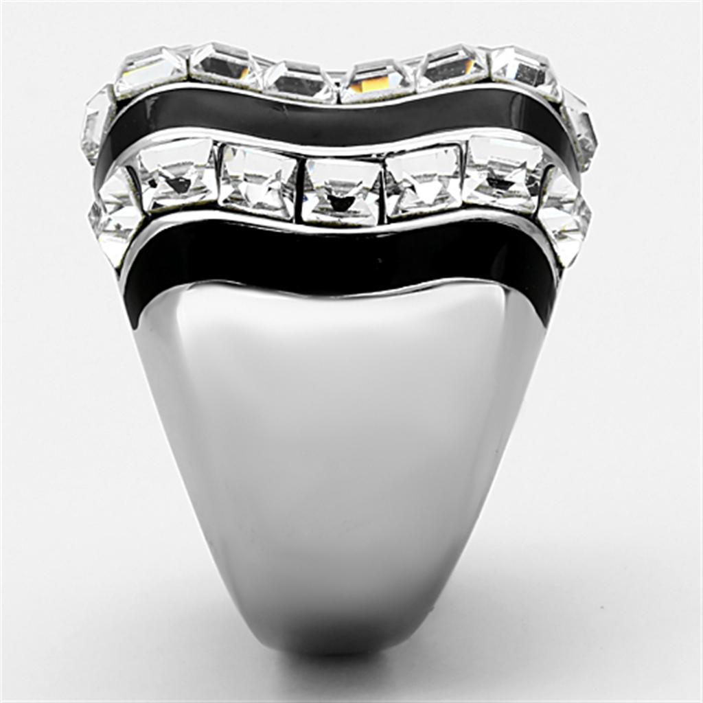 TK1213 High Polished Stainless Steel Ring featuring a clear top-grade crystal centerpiece, showcasing a sleek and modern design.