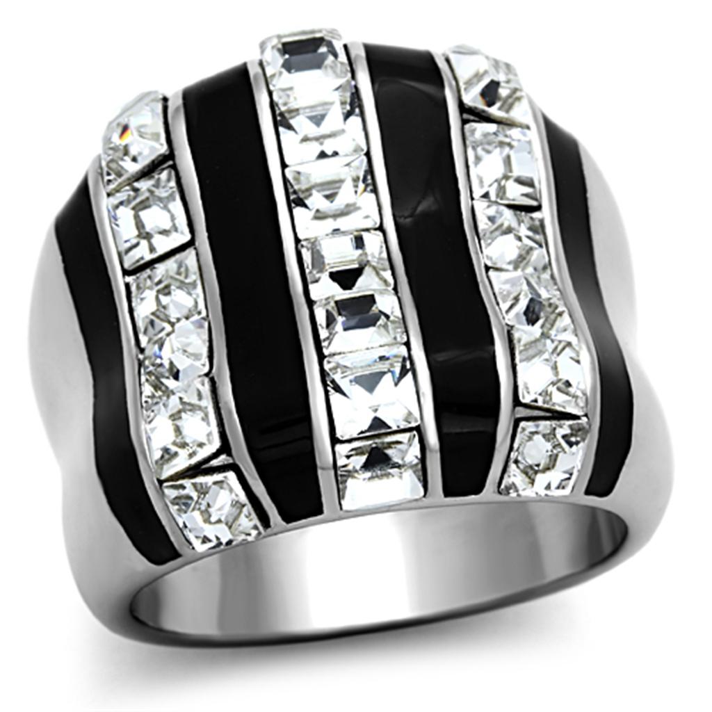 TK1213 High Polished Stainless Steel Ring featuring a clear top-grade crystal centerpiece, showcasing a sleek and modern design.