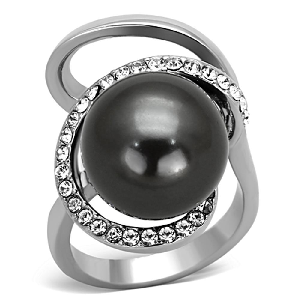 TK1218 High Polished Stainless Steel Ring featuring a gray synthetic pearl, showcasing its elegant design and shiny finish.