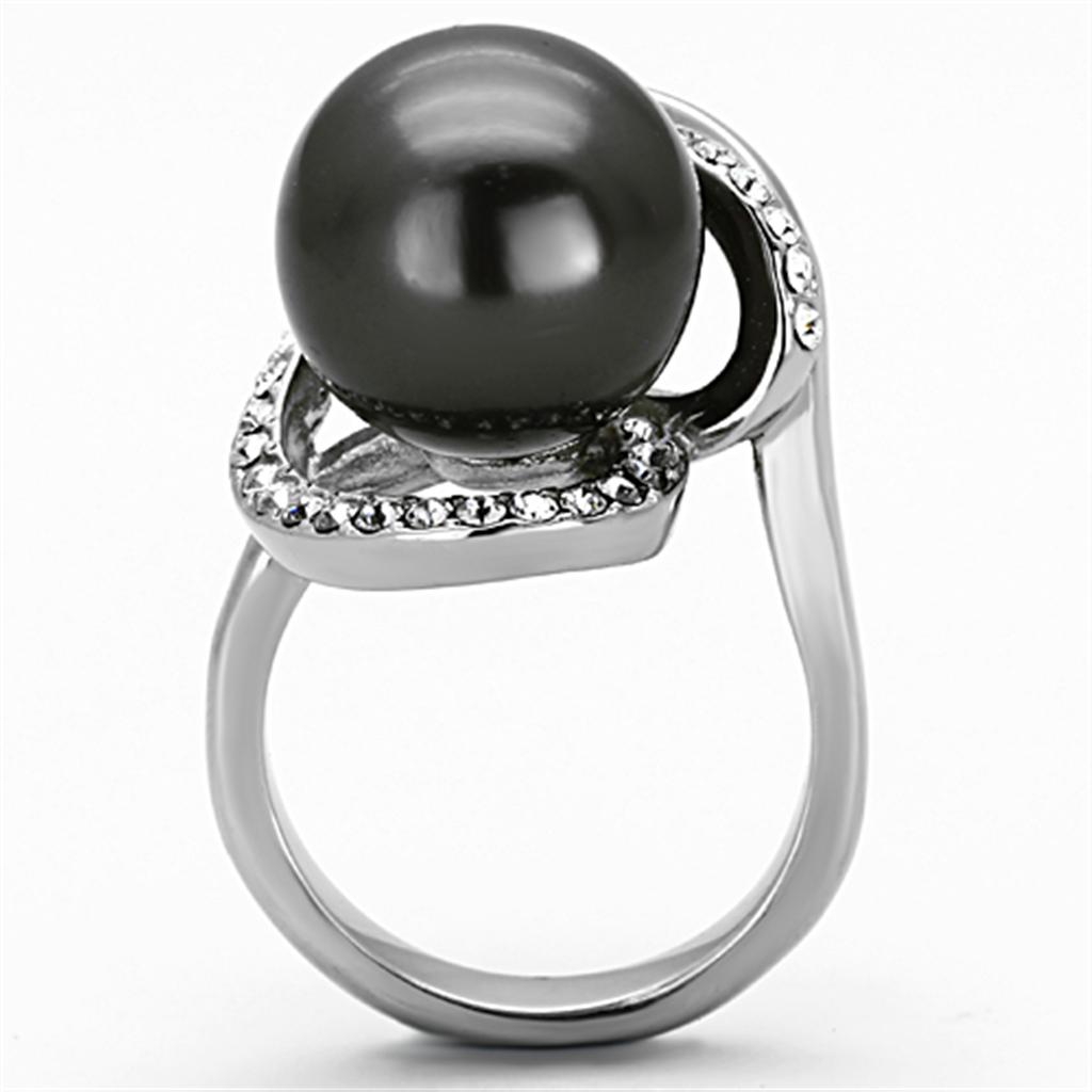 TK1218 High Polished Stainless Steel Ring featuring a gray synthetic pearl, showcasing its elegant design and shiny finish.