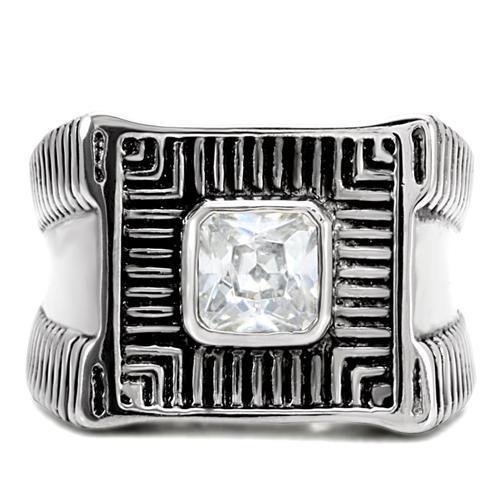 TK123 High Polished Stainless Steel Ring featuring AAA Grade clear CZ center stone, showcasing a brilliant shine and elegant design.