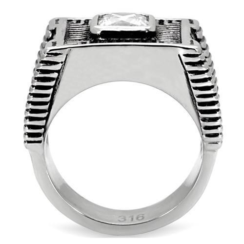 TK123 High Polished Stainless Steel Ring featuring AAA Grade clear CZ center stone, showcasing a brilliant shine and elegant design.