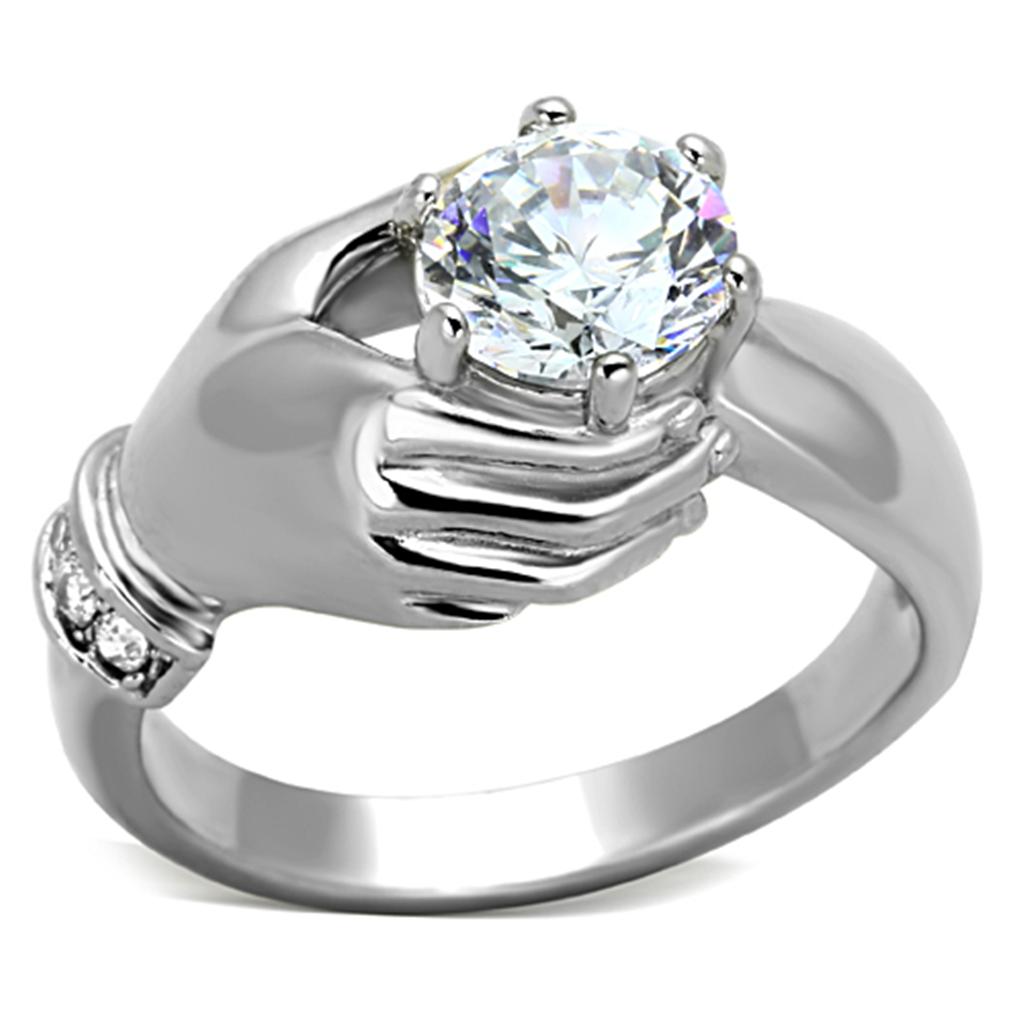 TK1230 High Polished Stainless Steel Ring featuring a clear AAA Grade CZ center stone, showcasing a sleek and modern design.