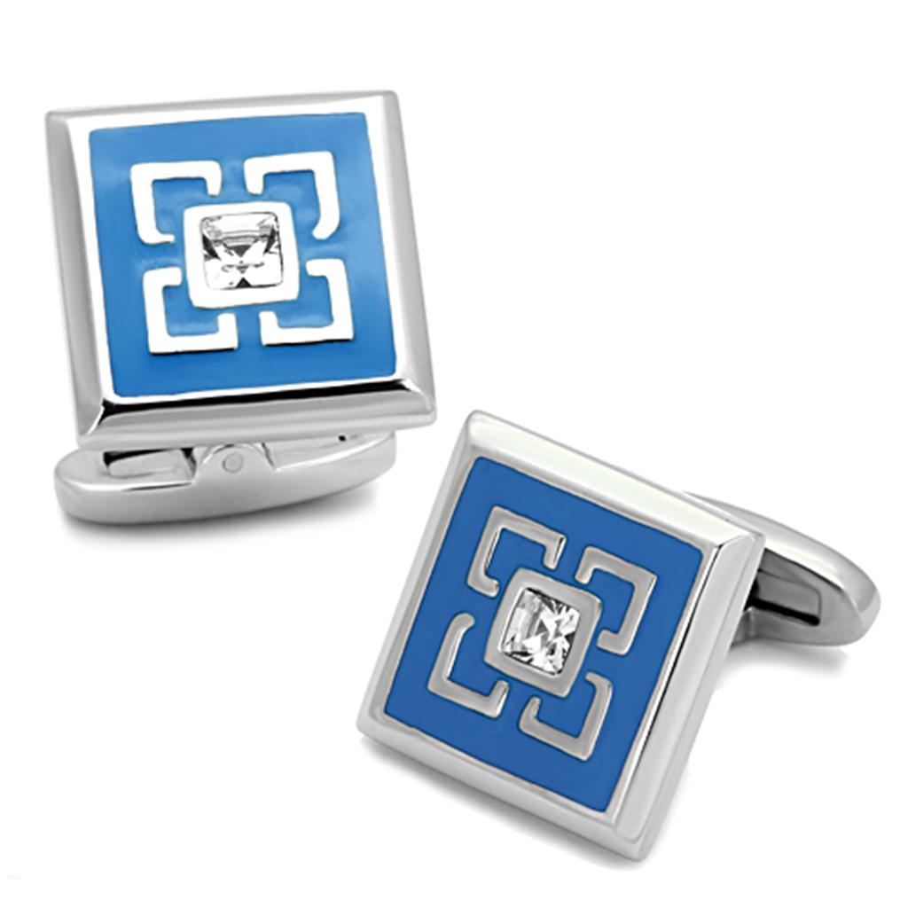 TK1244 High Polished Stainless Steel Cufflinks with clear crystal accents, showcasing a sleek and elegant design.