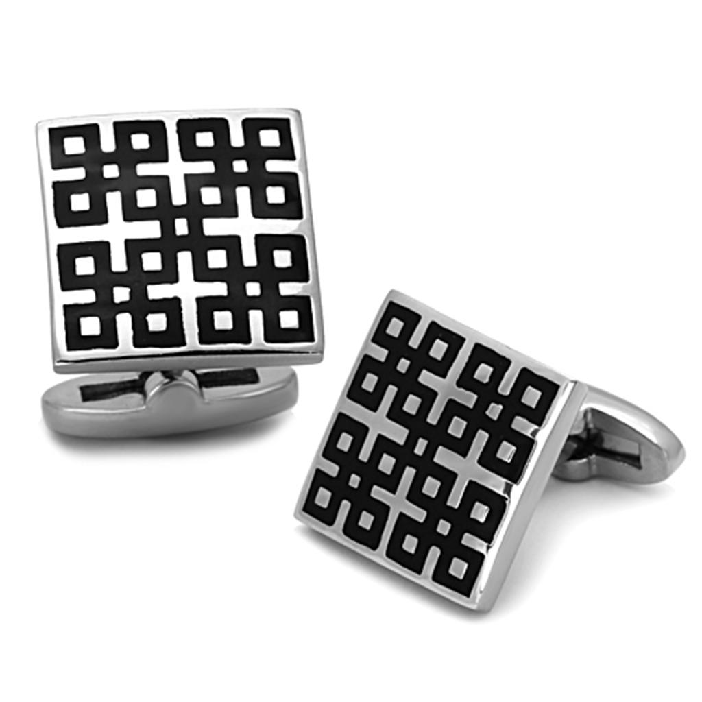 High polished stainless steel cufflinks with jet epoxy center stone, showcasing elegance and sophistication.