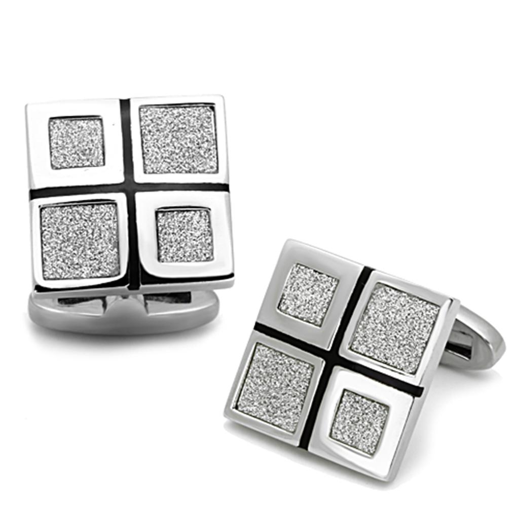 High polished stainless steel cufflink with jet epoxy center stone, showcasing a sleek and elegant design.