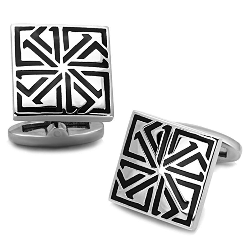 High polished stainless steel cufflink with jet epoxy center stone, showcasing a sleek and elegant design.