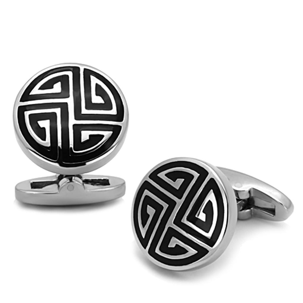 High polished stainless steel cufflinks with jet epoxy center stone, showcasing elegance and durability.