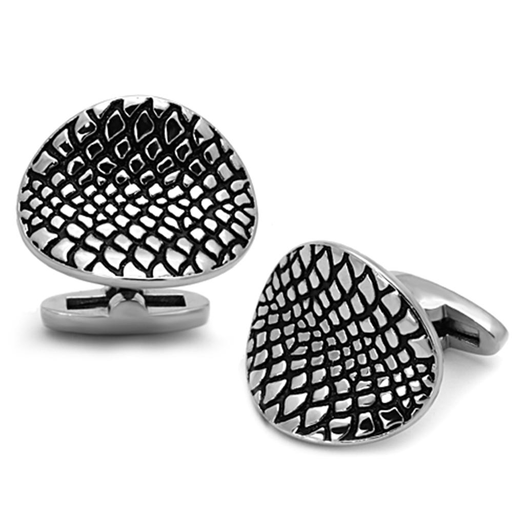 High polished stainless steel cufflinks with jet epoxy center stone, showcasing a sleek and elegant design.