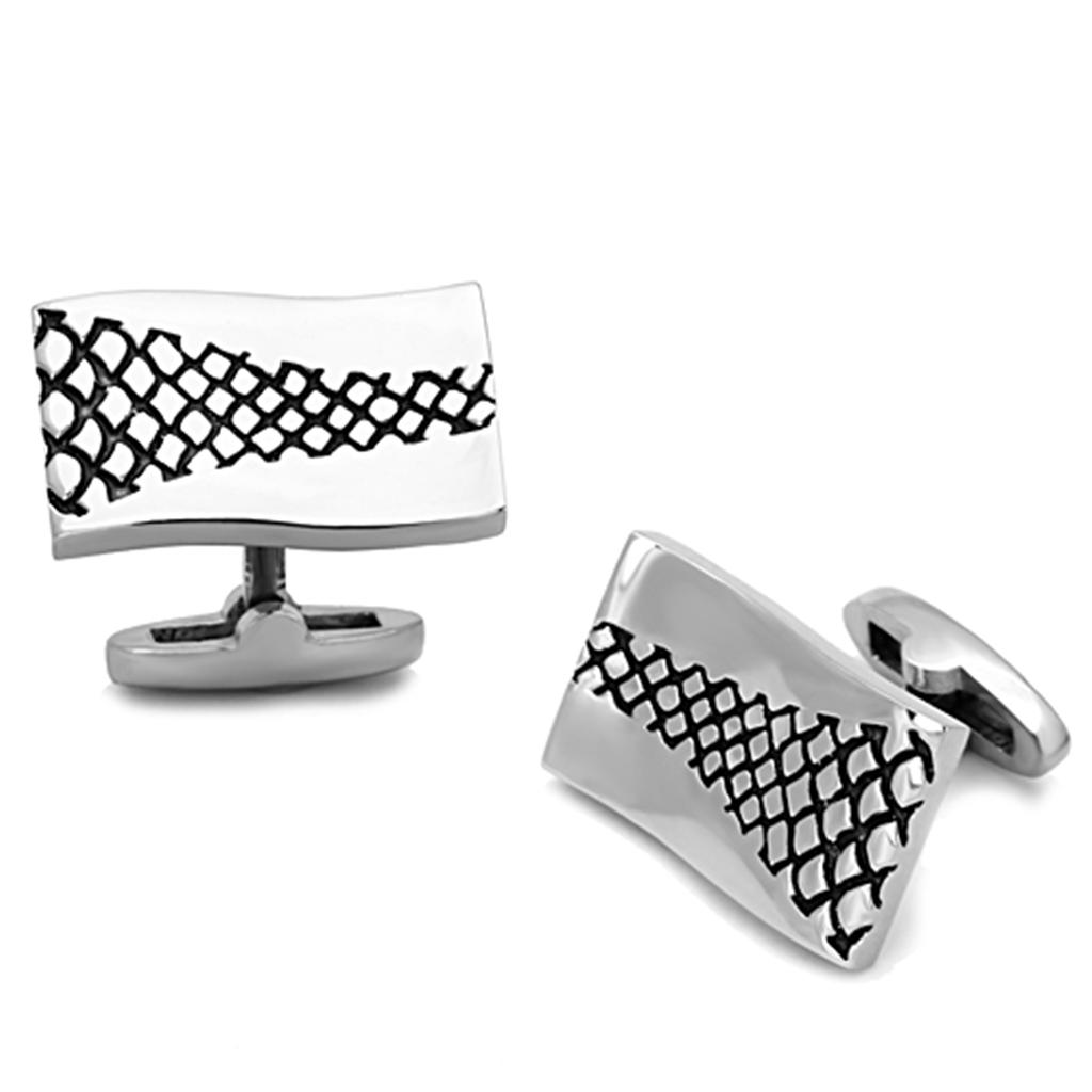 High polished stainless steel cufflinks with jet epoxy center stone, showcasing elegance and sophistication.