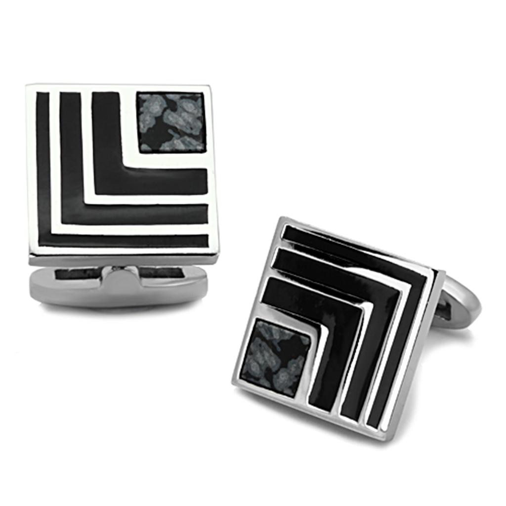 High polished stainless steel cufflink featuring a synthetic onyx stone, showcasing a sleek and elegant design.