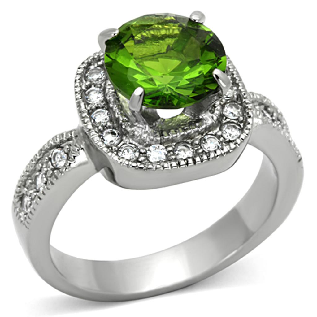 TK1227 High Polished Stainless Steel Ring featuring a vibrant synthetic glass peridot stone, showcasing a sleek and shiny design.