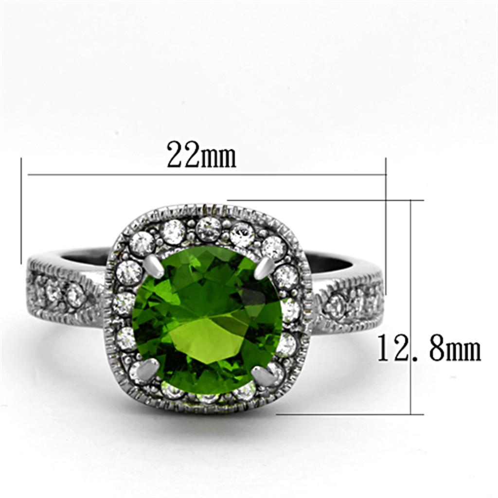 TK1227 High Polished Stainless Steel Ring featuring a vibrant synthetic glass peridot stone, showcasing a sleek and shiny design.