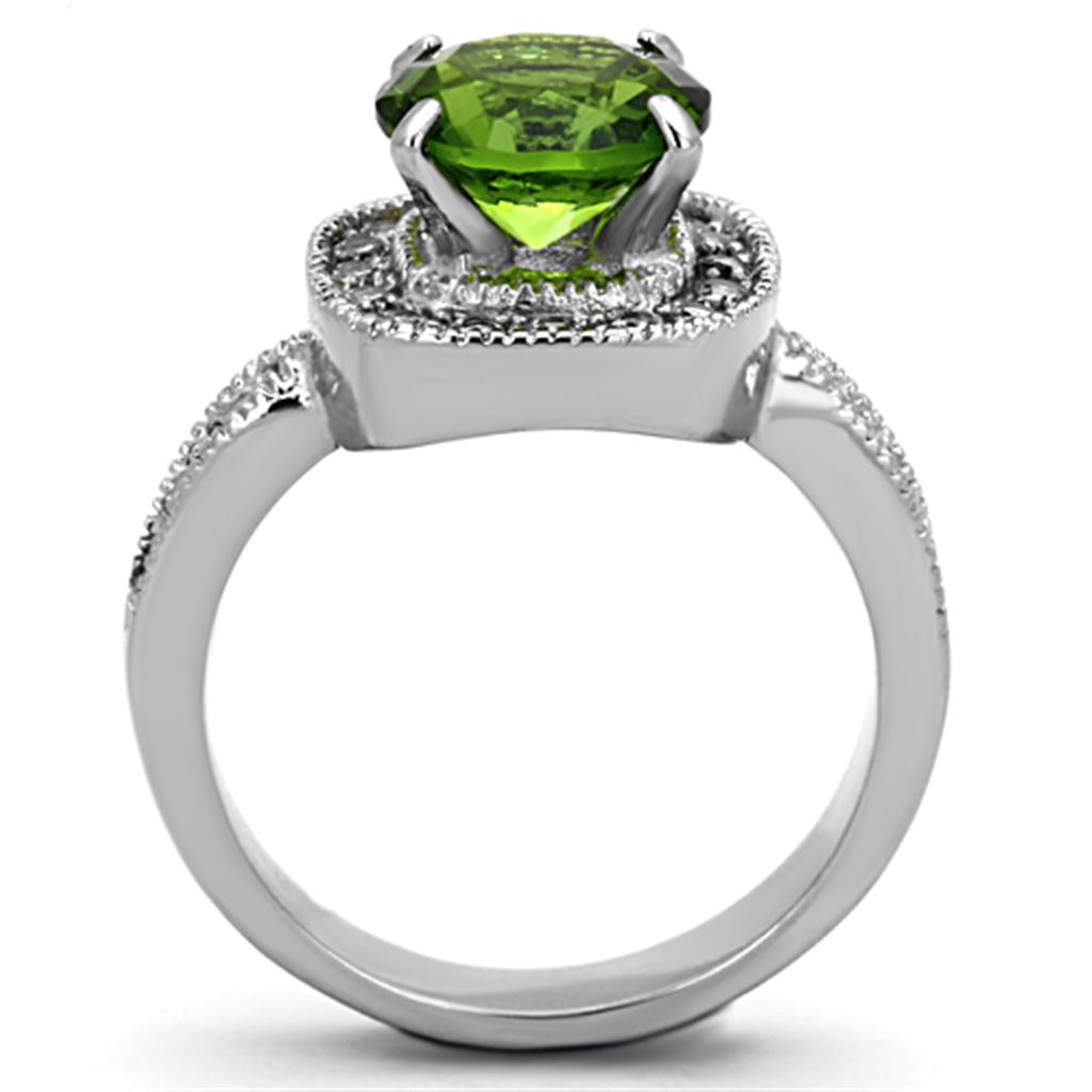 TK1227 High Polished Stainless Steel Ring featuring a vibrant synthetic glass peridot stone, showcasing a sleek and shiny design.