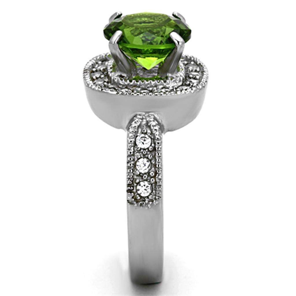 TK1227 High Polished Stainless Steel Ring featuring a vibrant synthetic glass peridot stone, showcasing a sleek and shiny design.