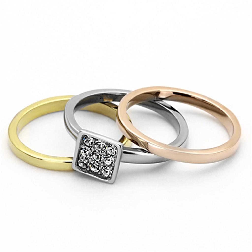 TK1277 Three Tone Stainless Steel Ring featuring IP Gold, IP Rose Gold, and high polished finish with a clear top-grade crystal.