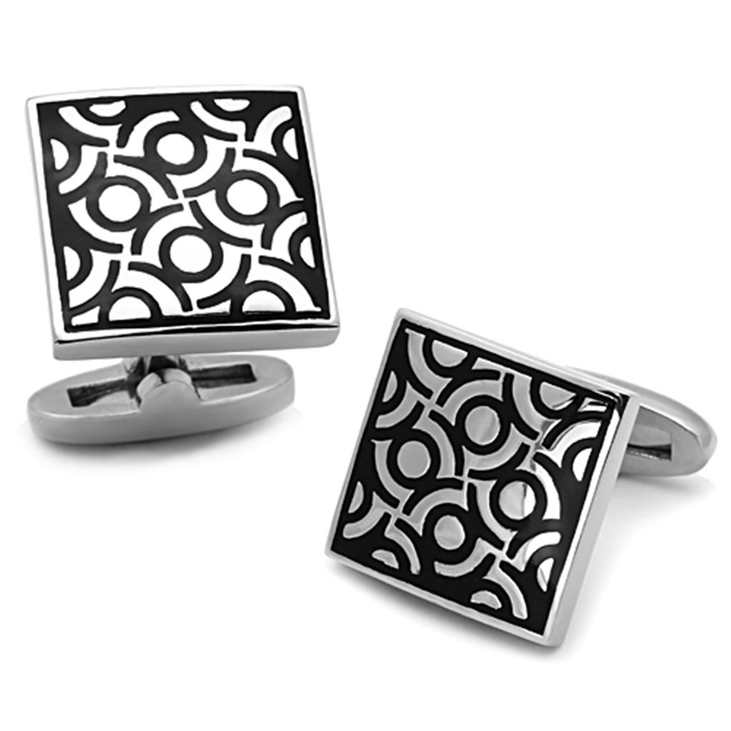 TK1271 High Polished Stainless Steel Cufflinks with jet epoxy stone, showcasing a sleek and elegant design.