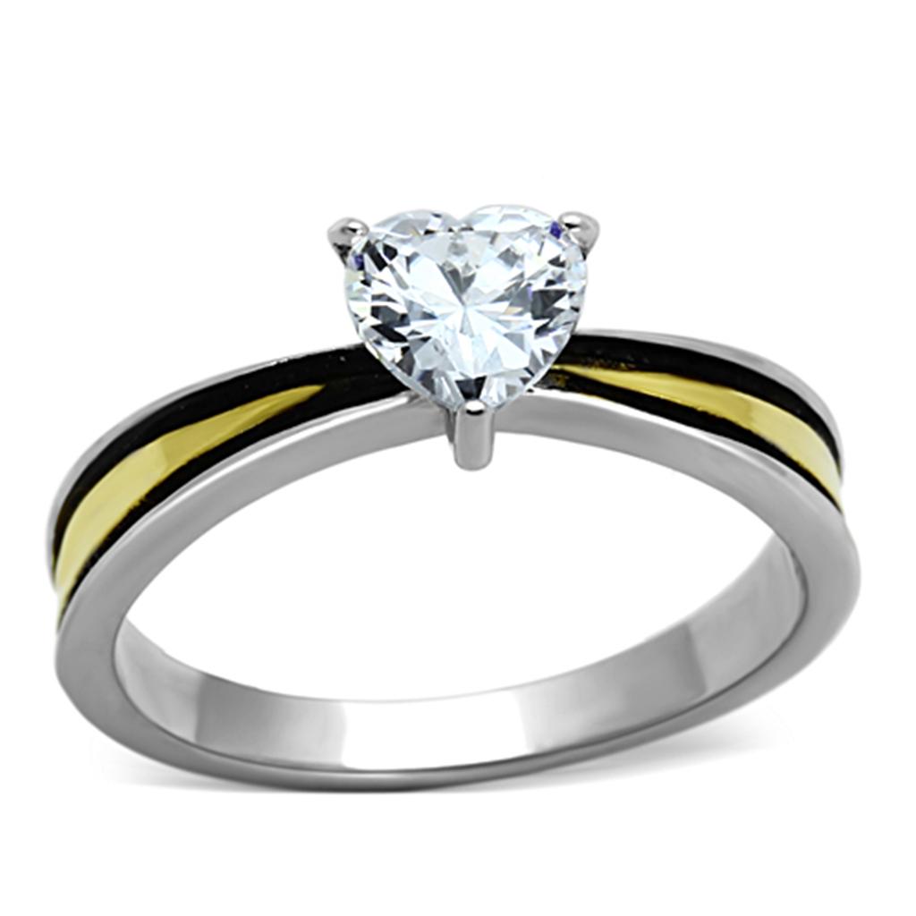 TK1283 Two-Tone IP Gold Stainless Steel Ring featuring a clear AAA grade CZ stone, showcasing a luxurious and elegant design.