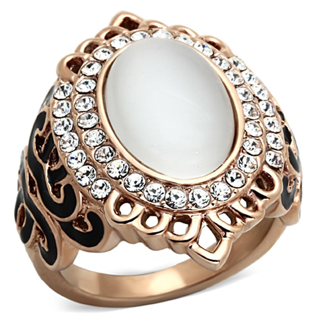 TK1286 IP Rose Gold Stainless Steel Ring featuring a synthetic Cat Eye stone in white, elegantly designed for stylish wear.