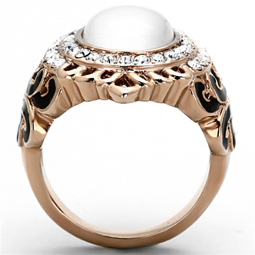 TK1286 IP Rose Gold Stainless Steel Ring featuring a synthetic Cat Eye stone in white, elegantly designed for stylish wear.