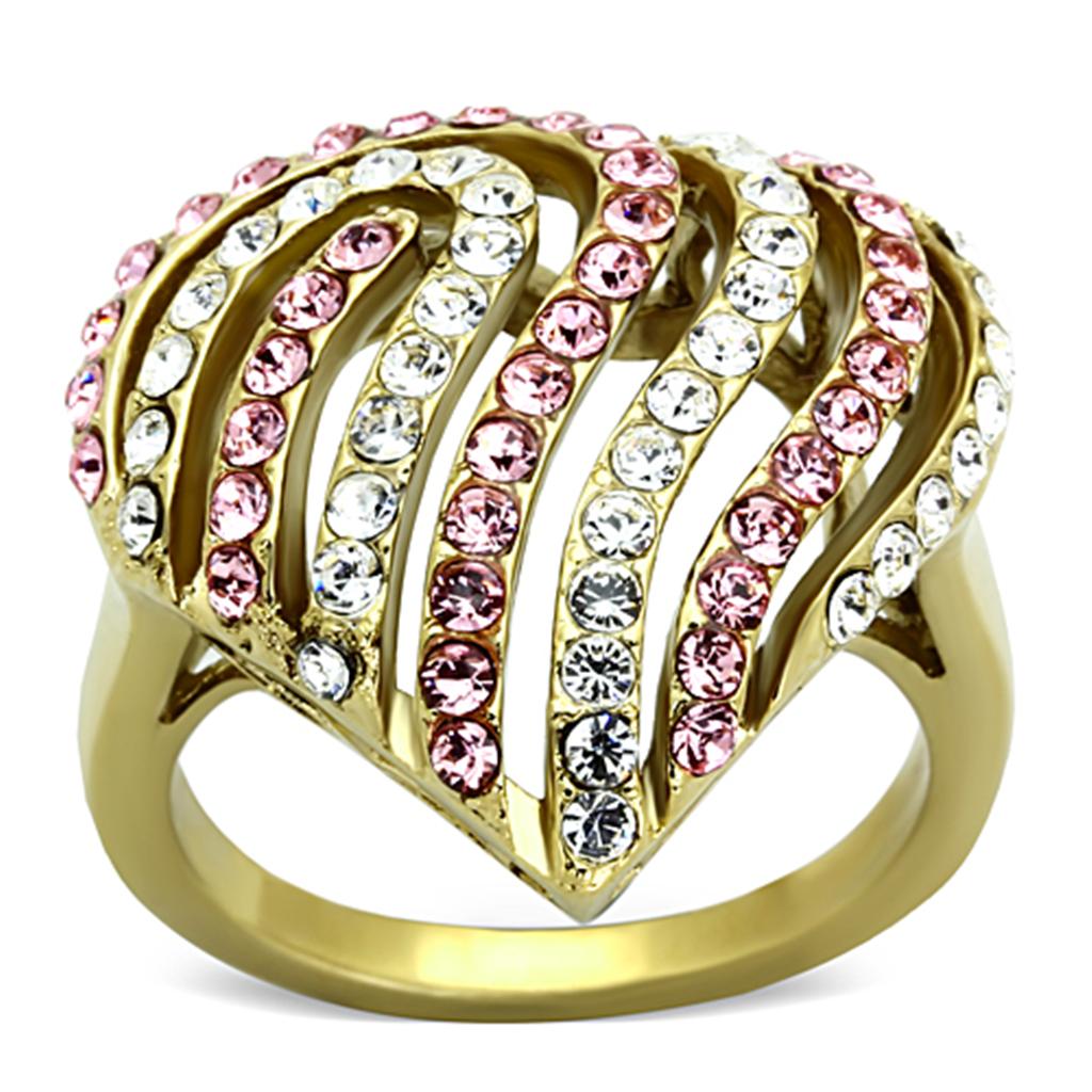 TK1287 IP Gold Stainless Steel Ring featuring a light rose top-grade crystal centerpiece, showcasing elegance and durability.