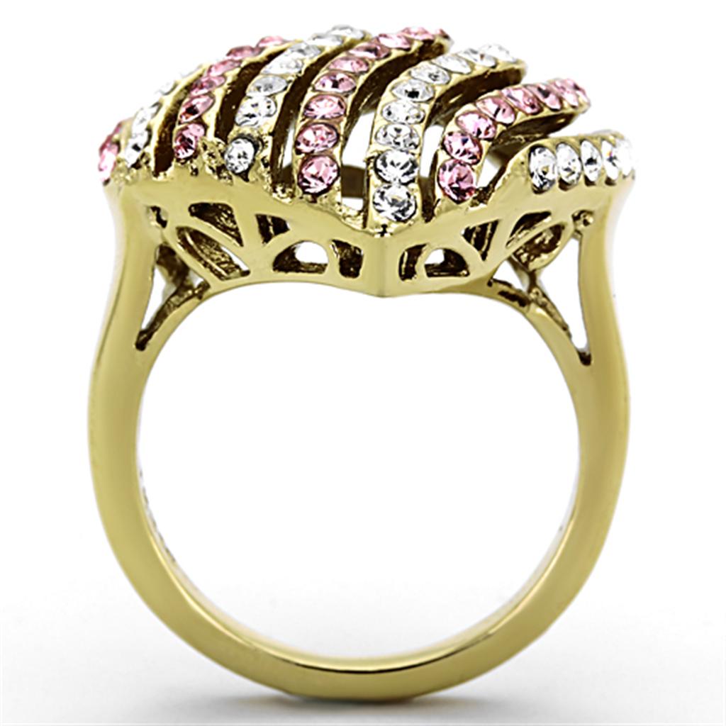 TK1287 IP Gold Stainless Steel Ring featuring a light rose top-grade crystal centerpiece, showcasing elegance and durability.