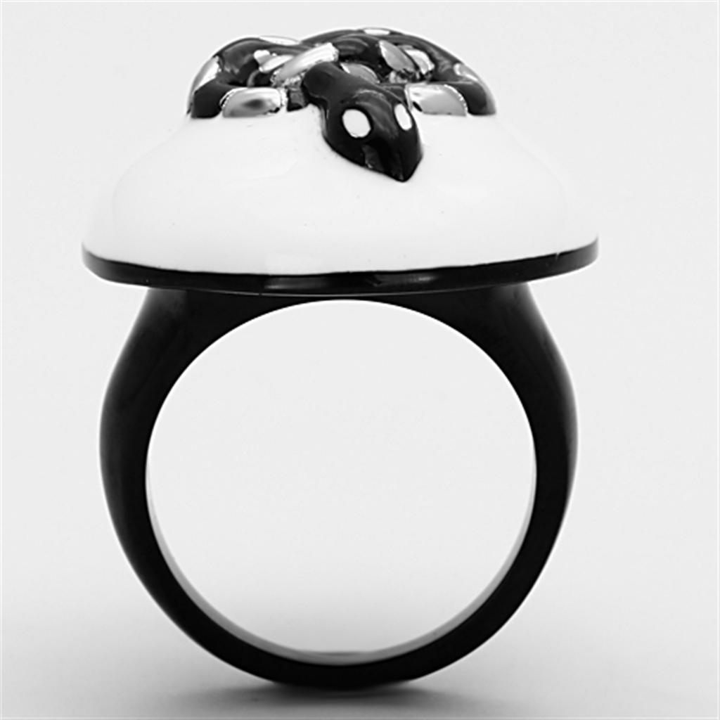 TK1295 Two-Tone IP Black Stainless Steel Ring featuring a glossy white epoxy center stone, showcasing modern elegance.