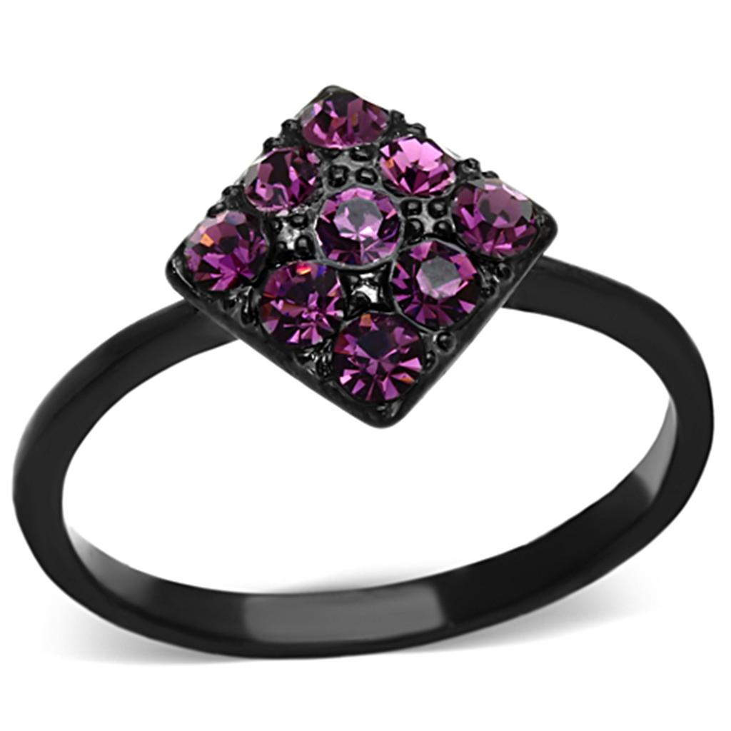 TK1301 IP Black Stainless Steel Ring featuring a top-grade amethyst crystal centerpiece, showcasing a sleek and modern design.