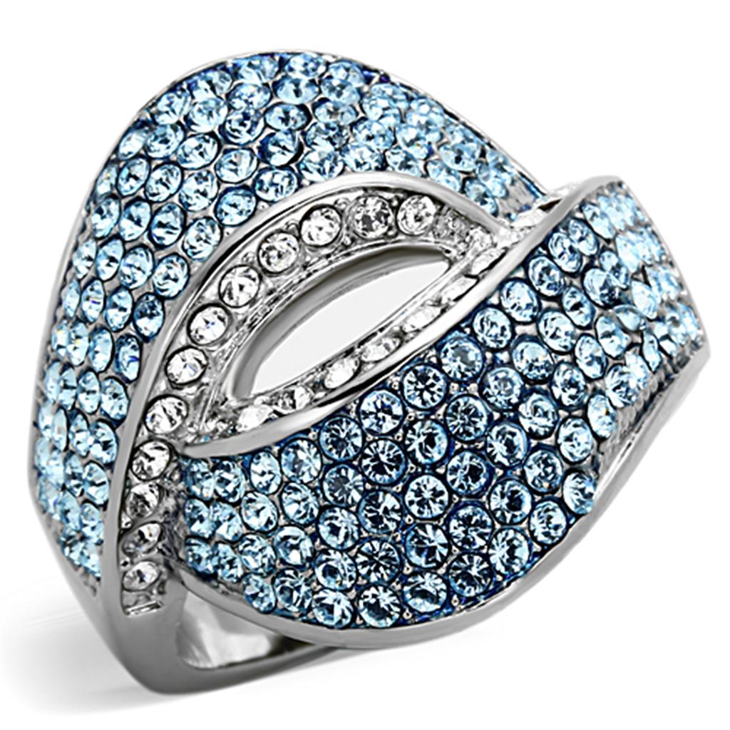 TK1303 High Polished Stainless Steel Ring featuring a vibrant sea blue top grade crystal at the center, showcasing its elegant design.