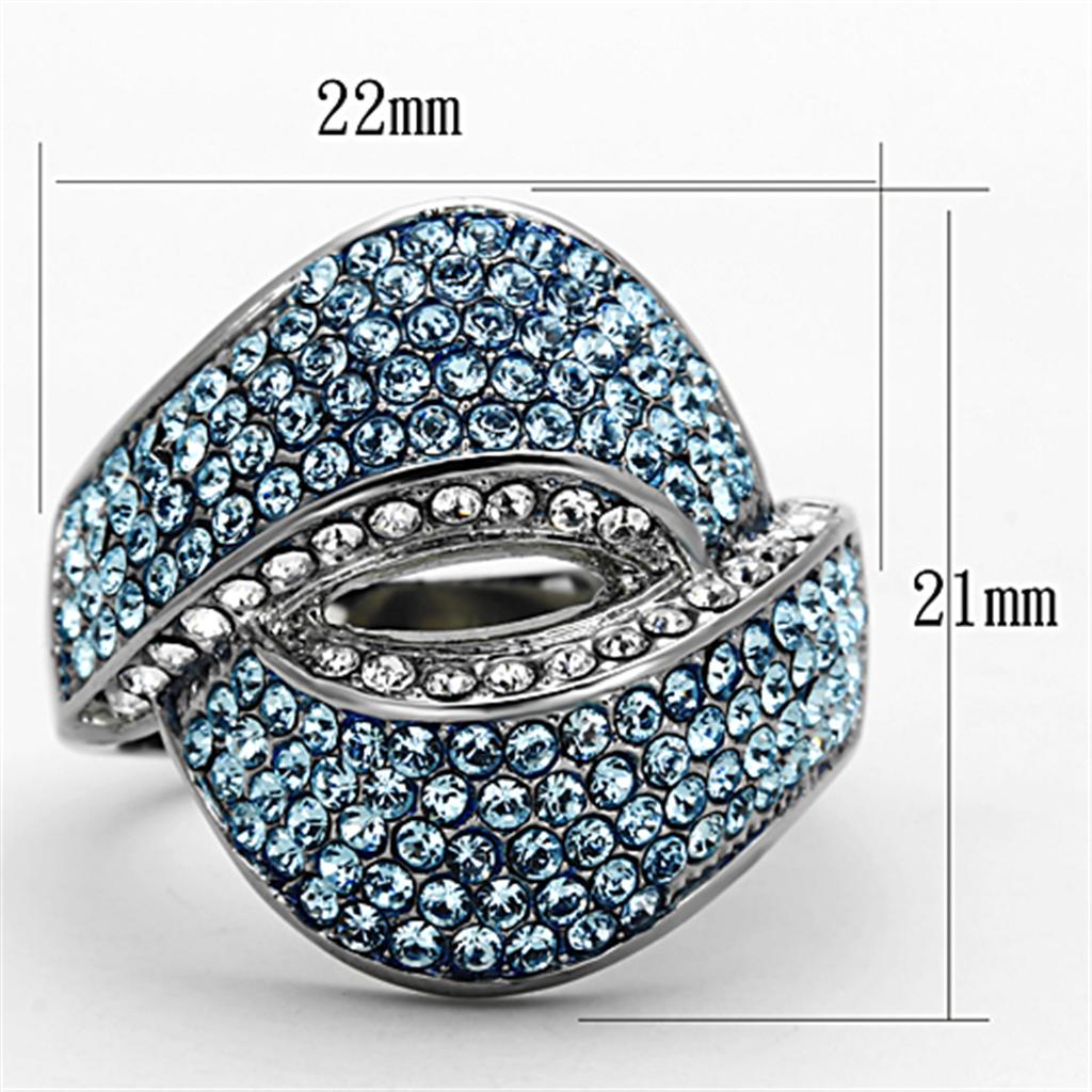 TK1303 High Polished Stainless Steel Ring featuring a vibrant sea blue top grade crystal at the center, showcasing its elegant design.