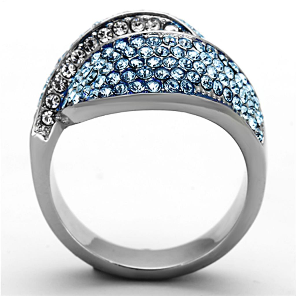 TK1303 High Polished Stainless Steel Ring featuring a vibrant sea blue top grade crystal at the center, showcasing its elegant design.