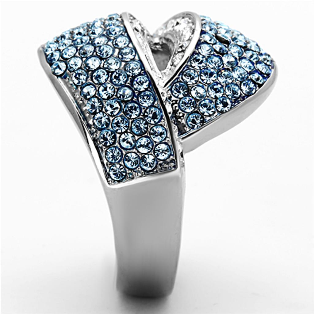 TK1303 High Polished Stainless Steel Ring featuring a vibrant sea blue top grade crystal at the center, showcasing its elegant design.