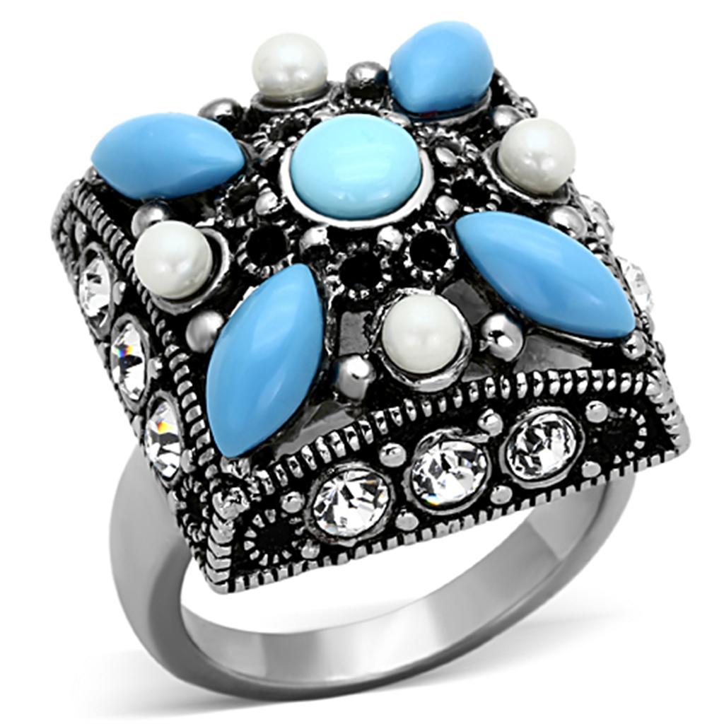 TK1309 High Polished Stainless Steel Ring featuring a vibrant synthetic turquoise stone in a sleek design.