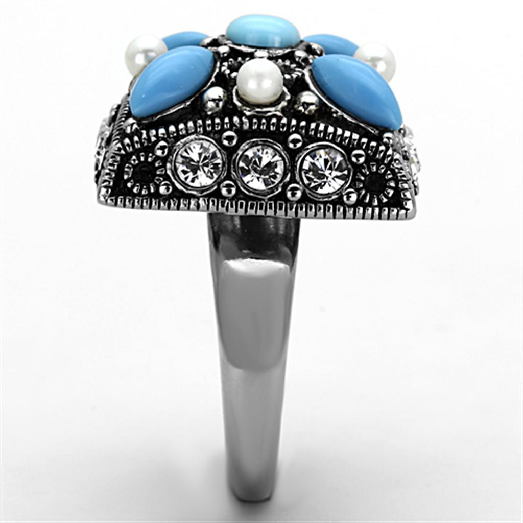 TK1309 High Polished Stainless Steel Ring featuring a vibrant synthetic turquoise stone in a sleek design.