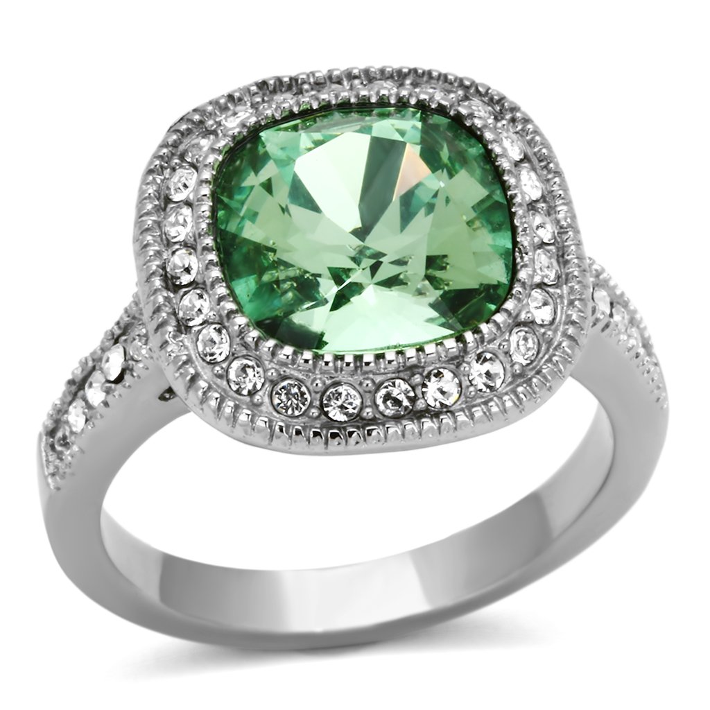 High polished stainless steel ring featuring an emerald crystal centerpiece, showcasing a sleek and modern design.