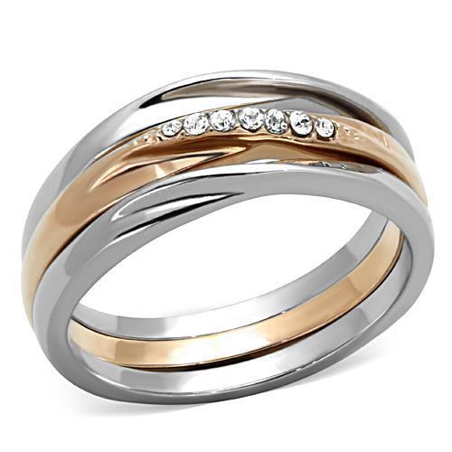 TK1340 Two-Tone IP Rose Gold Stainless Steel Ring featuring a clear top-grade crystal centerpiece, elegantly designed for any occasion.