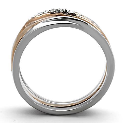 TK1340 Two-Tone IP Rose Gold Stainless Steel Ring featuring a clear top-grade crystal centerpiece, elegantly designed for any occasion.