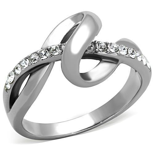 TK1341 High Polished Stainless Steel Ring featuring a clear top-grade crystal, showcasing a sleek and elegant design.