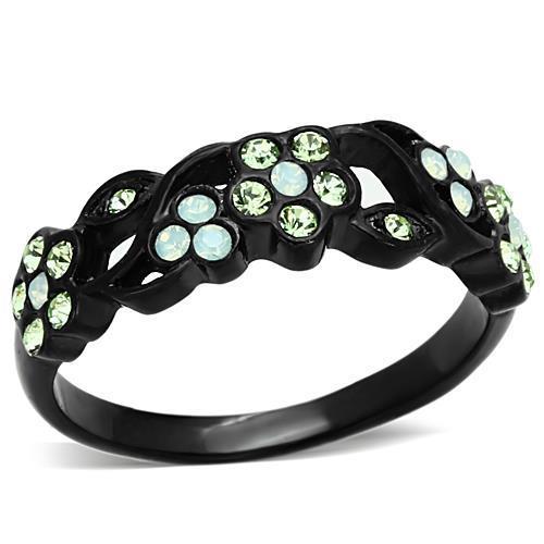 Black ring with green gemstones.