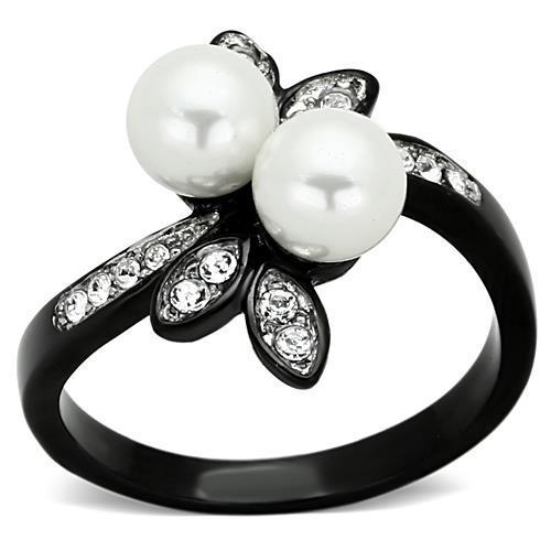 TK1361 Two-Tone IP Black Stainless Steel Ring featuring a white synthetic pearl at the center, showcasing a modern and elegant design.