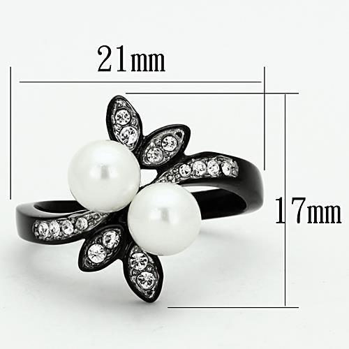 TK1361 Two-Tone IP Black Stainless Steel Ring featuring a white synthetic pearl at the center, showcasing a modern and elegant design.