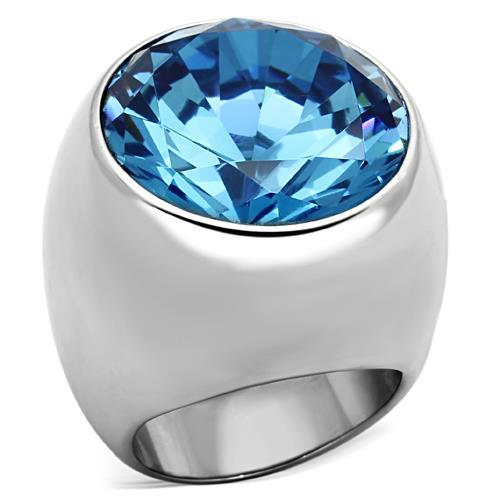 High polished stainless steel ring featuring a sea blue synthetic glass stone, showcasing a sleek and elegant design.