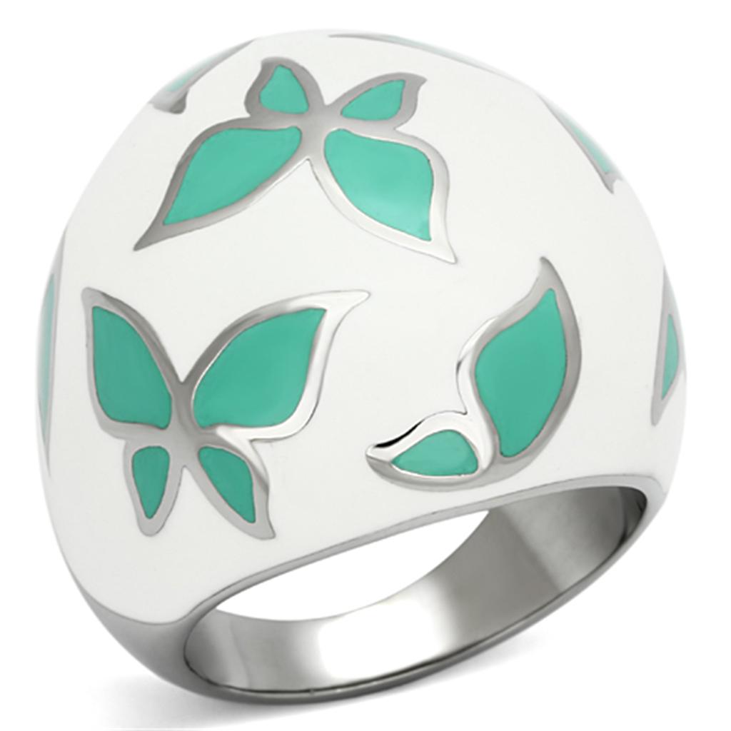 TK1137 High Polished Stainless Steel Ring featuring an emerald epoxy center stone, showcasing a sleek and modern design.