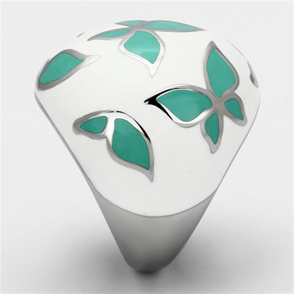 TK1137 High Polished Stainless Steel Ring featuring an emerald epoxy center stone, showcasing a sleek and modern design.