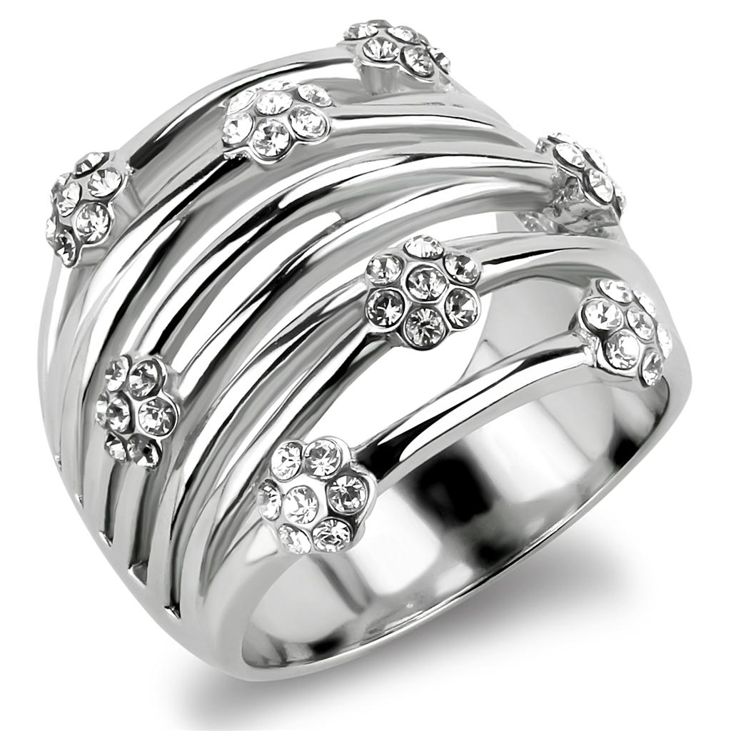 TK1372 High Polished Stainless Steel Ring featuring a clear top grade crystal, showcasing a sleek and modern design.